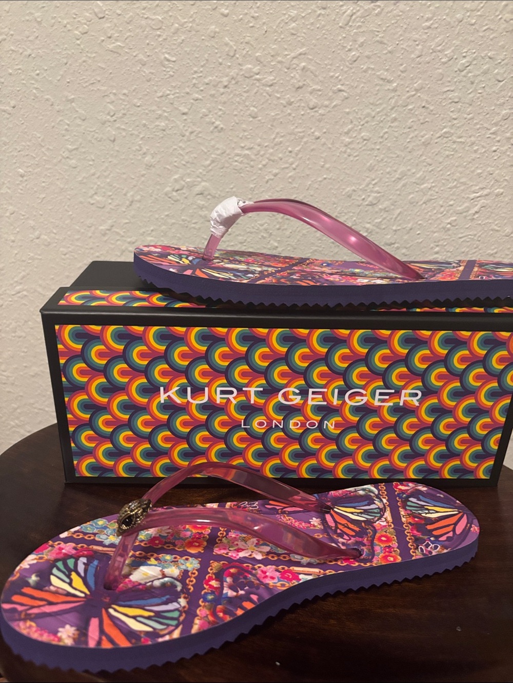 Kurt Geiger Purple Multicolor Floral & Butterfly Flip Flops
